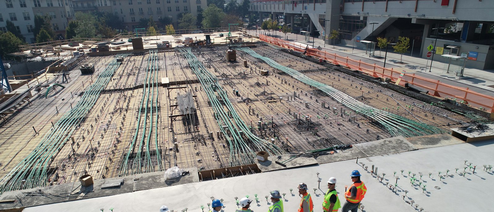 Reinforcement bar grid laid for a large concrete foundation slab