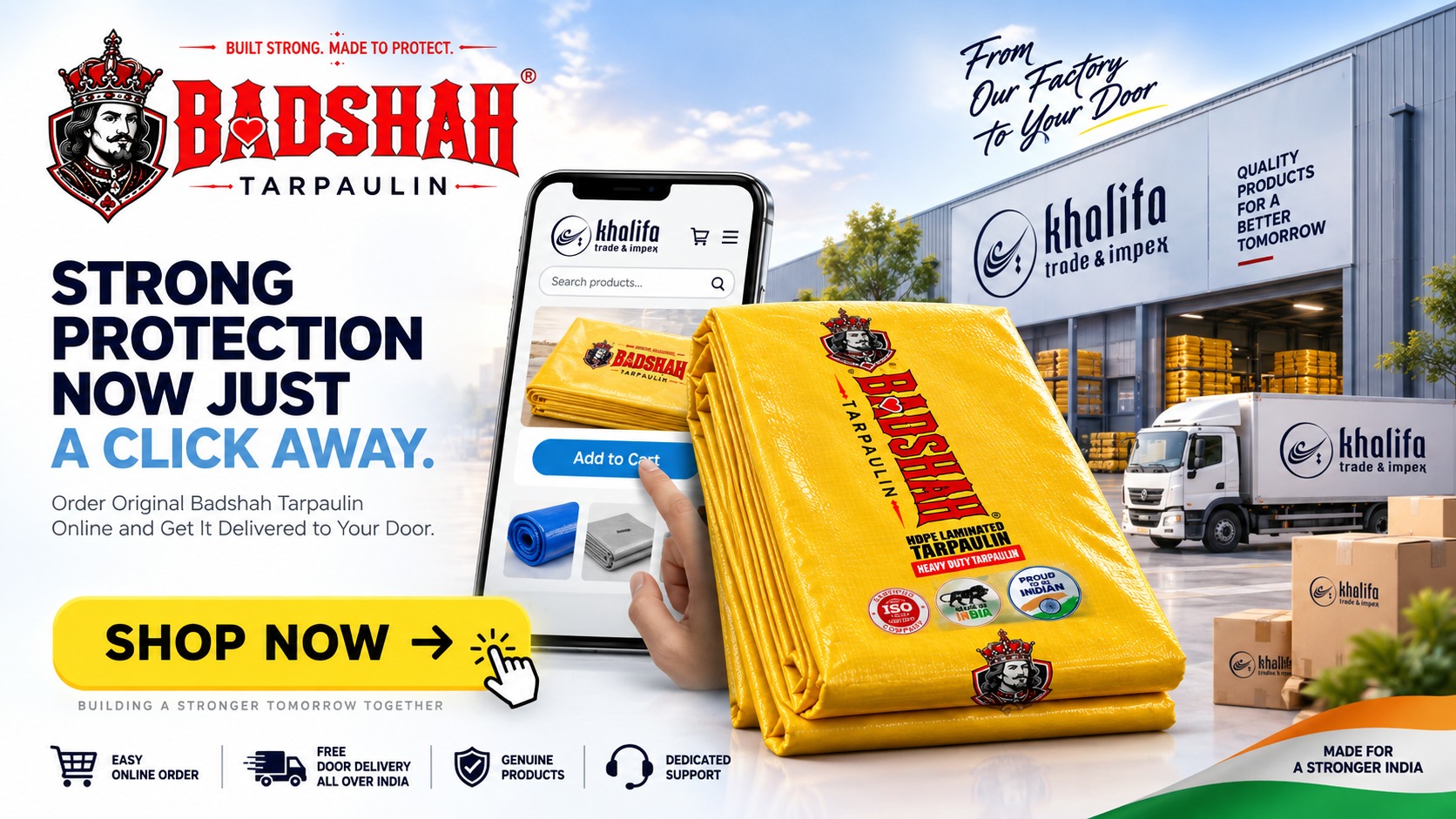 BADSHAH Tarpaulin — order original BADSHAH HDPE laminated tarpaulin online with free door delivery all over India