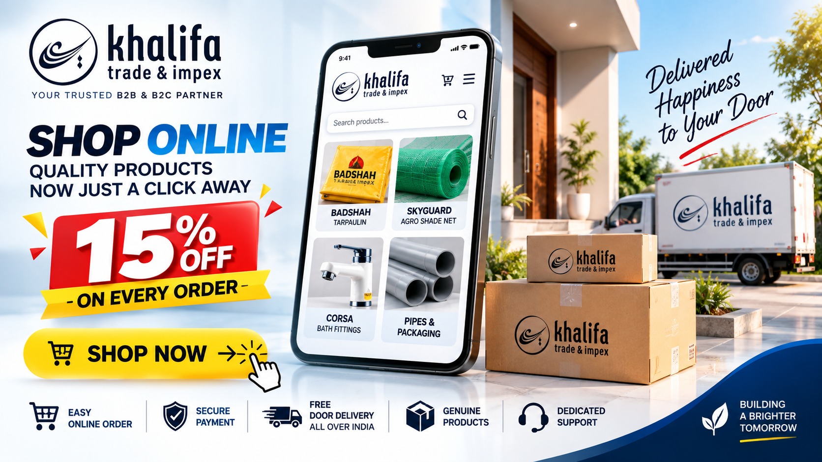 Shop online at Khalifa Trade & Impex — 15% off on every order, free door delivery all over India